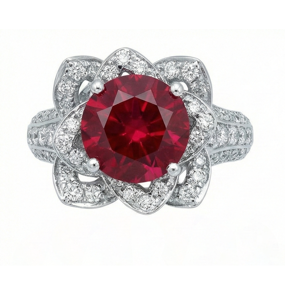 Flower Style 2.51 Ct Red Ruby & White Round Natural Earth Mined Diamond ( Not Lab Grown )s Ring Gemstone