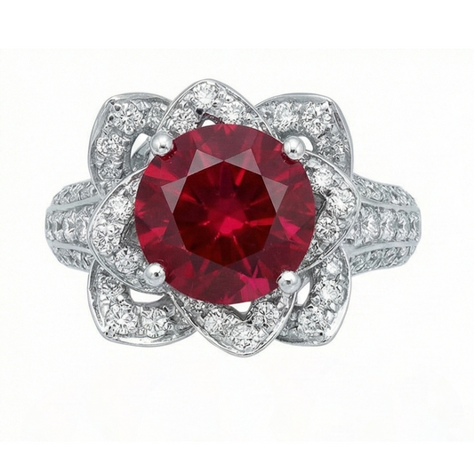 Flower Style 2.51 Ct Red Ruby & White Round Natural Earth Mined Diamond ( Not Lab Grown )s Ring Gemstone