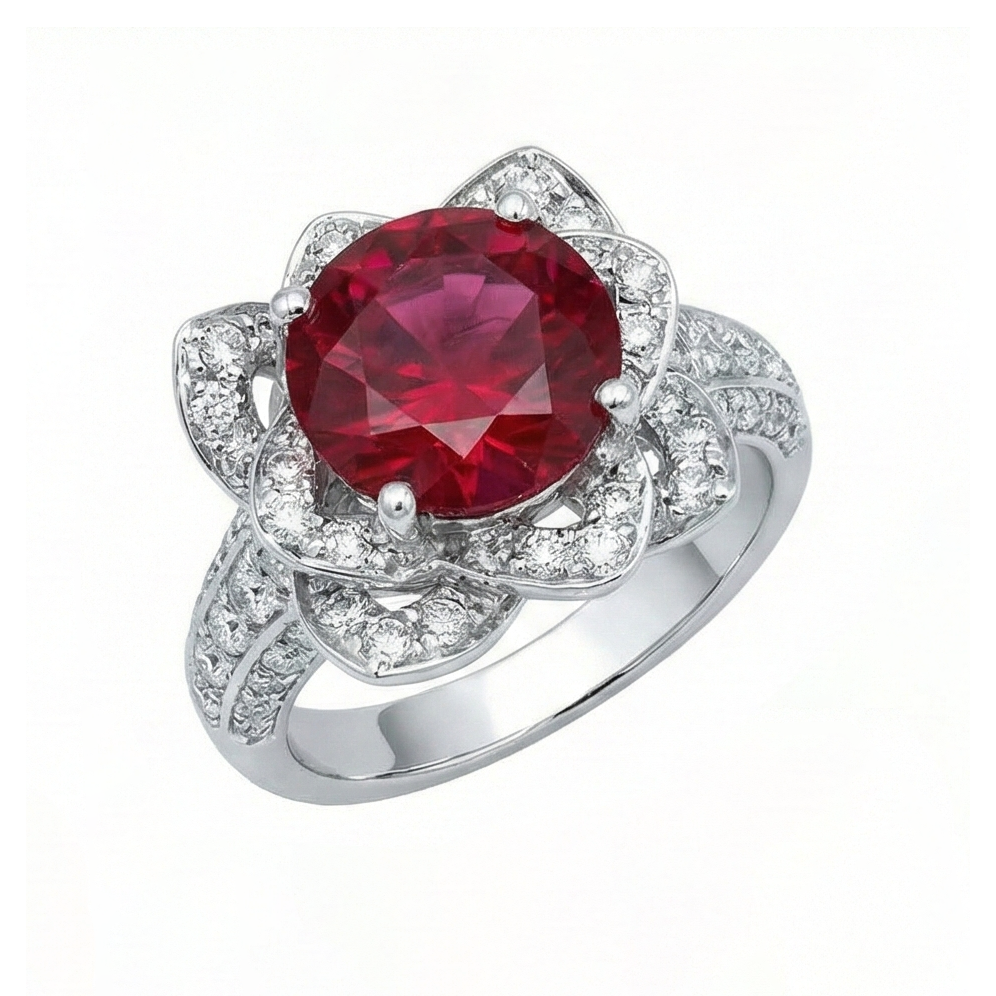 Flower Style 2.51 Ct Red Ruby & White Round Natural Earth Mined Diamond ( Not Lab Grown )s Ring Gemstone