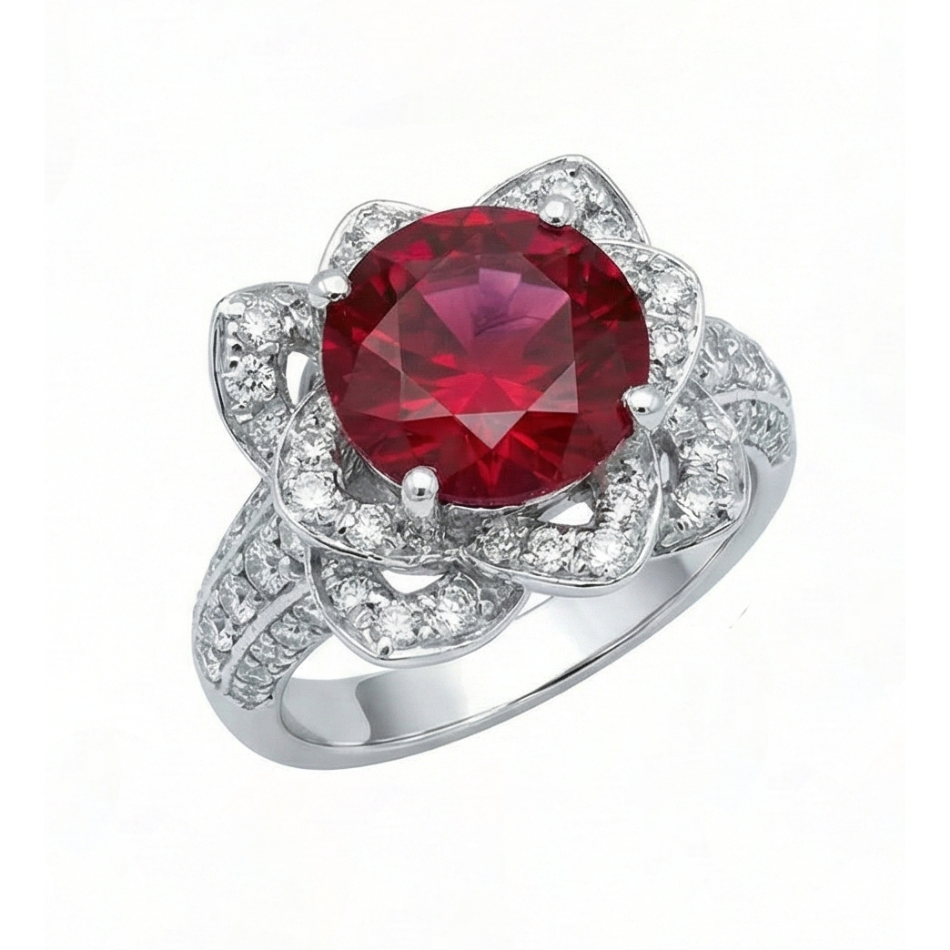 Flower Style 2.51 Ct Red Ruby & White Round Natural Earth Mined Diamond ( Not Lab Grown )s Ring Gemstone