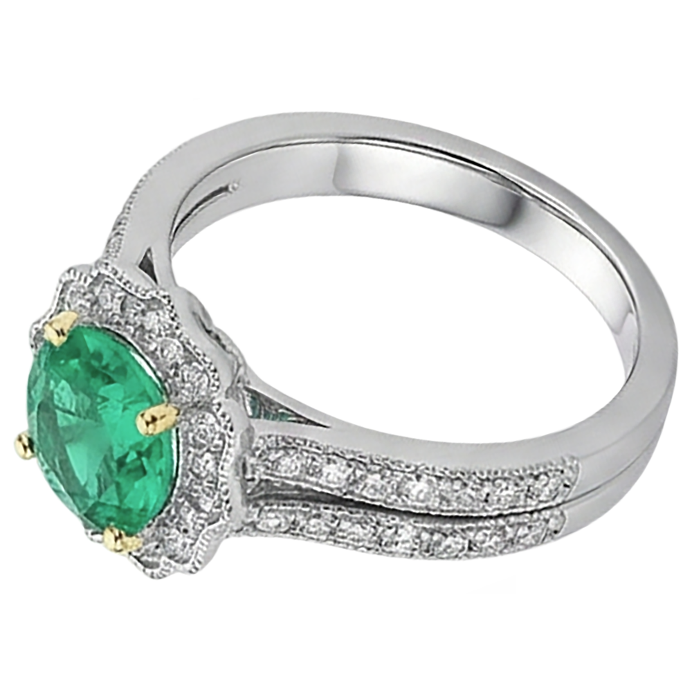 Fine Emerald Precious Stone Ring 2-ct 14 Karat Two Tone Gold – profile view