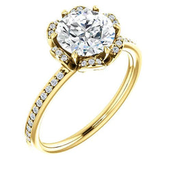 Flower Style 1.71 Carat Round Real Diamond Engagement Halo Ring YG 14K