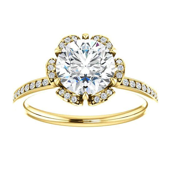 Flower Style 1.71 Carat Round Real Diamond Engagement Ring YG 14K