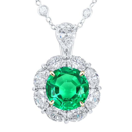 Colombian Emerald Round Brilliant Stone Pendant Necklace in Two-Tone 14K Gold – main view