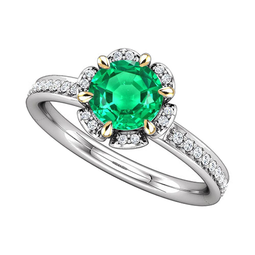 Fine Emerald Round Brilliant Precious Stone Ring in Two-Tone 14K Gold – main view