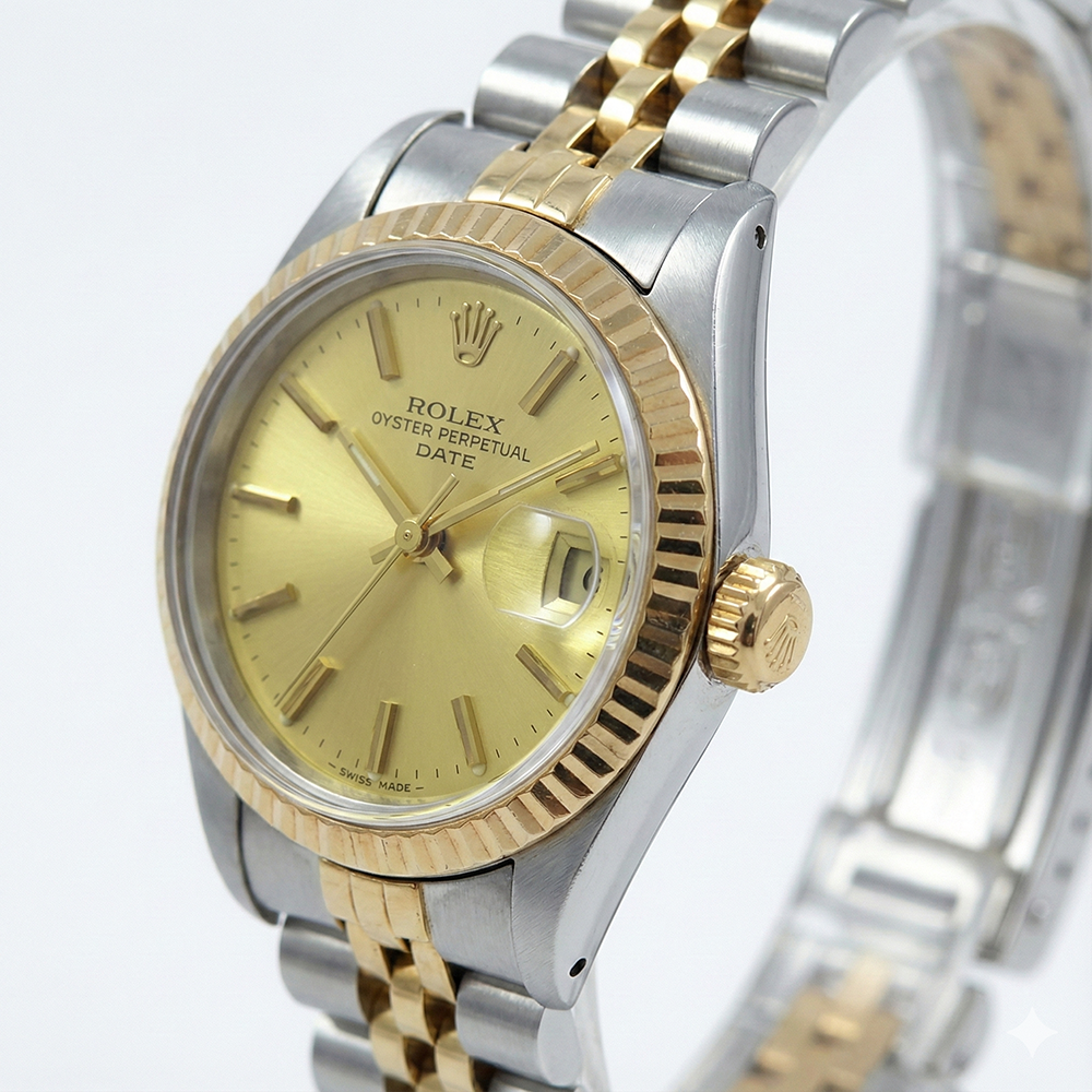 Fluted Bezel Champagne Stick Dial Rolex Date Women Watch Jubilee