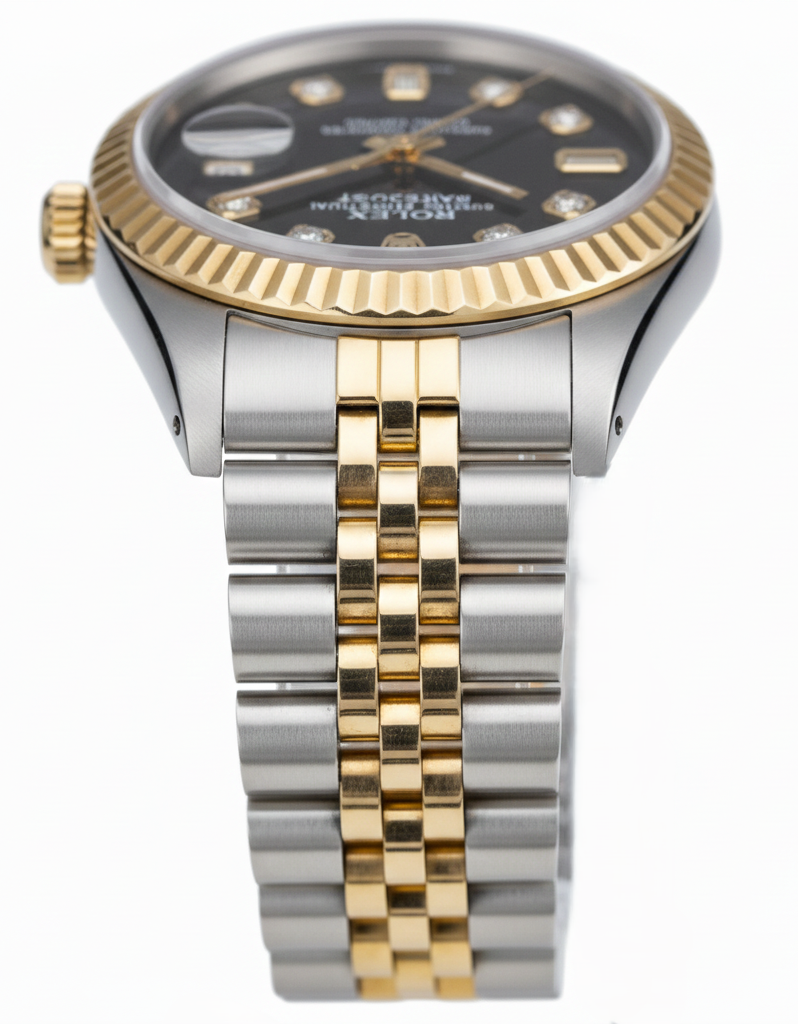 Fluted Bezel Rolex Ss & Gold Baguette Diamond Dial Datejust Watch