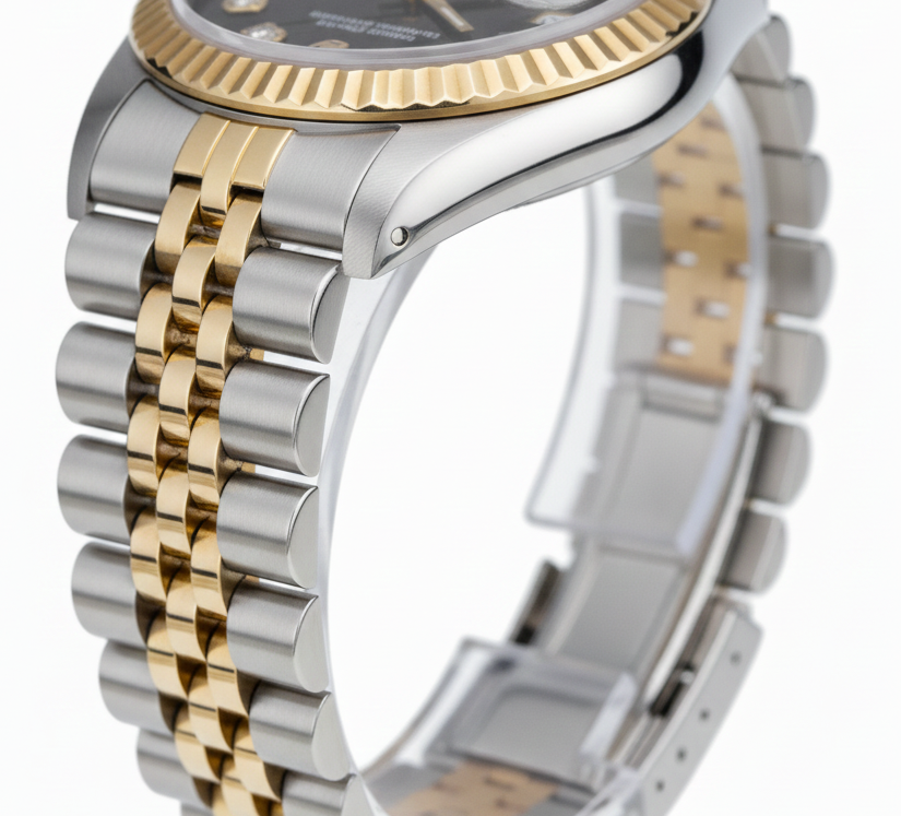 Fluted Bezel Rolex Ss & Gold Baguette Diamond Dial Datejust Watch