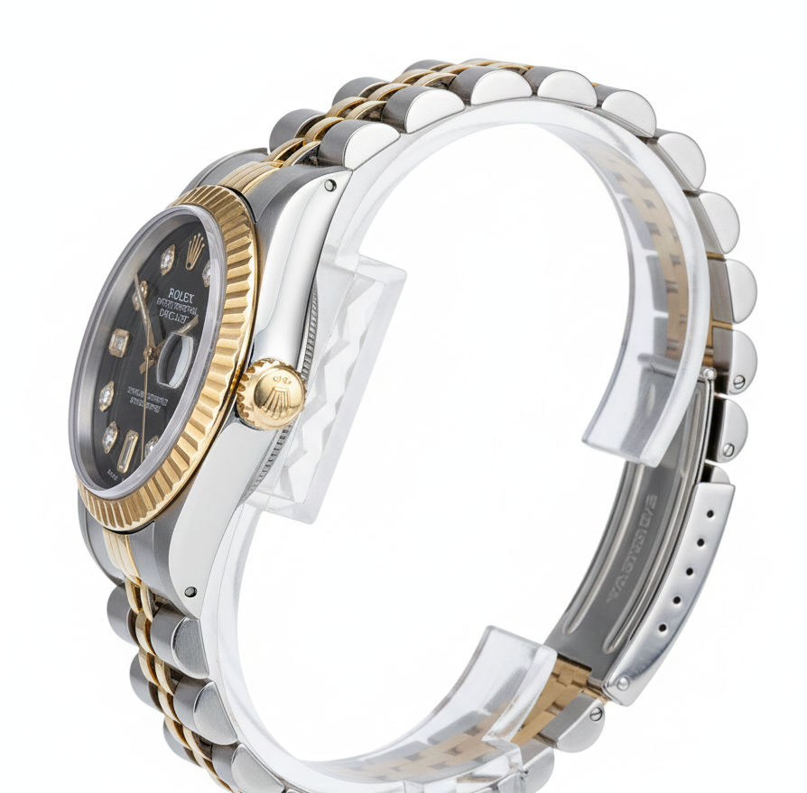 Fluted Bezel Rolex Ss & Gold Baguette Diamond Dial Datejust Watch