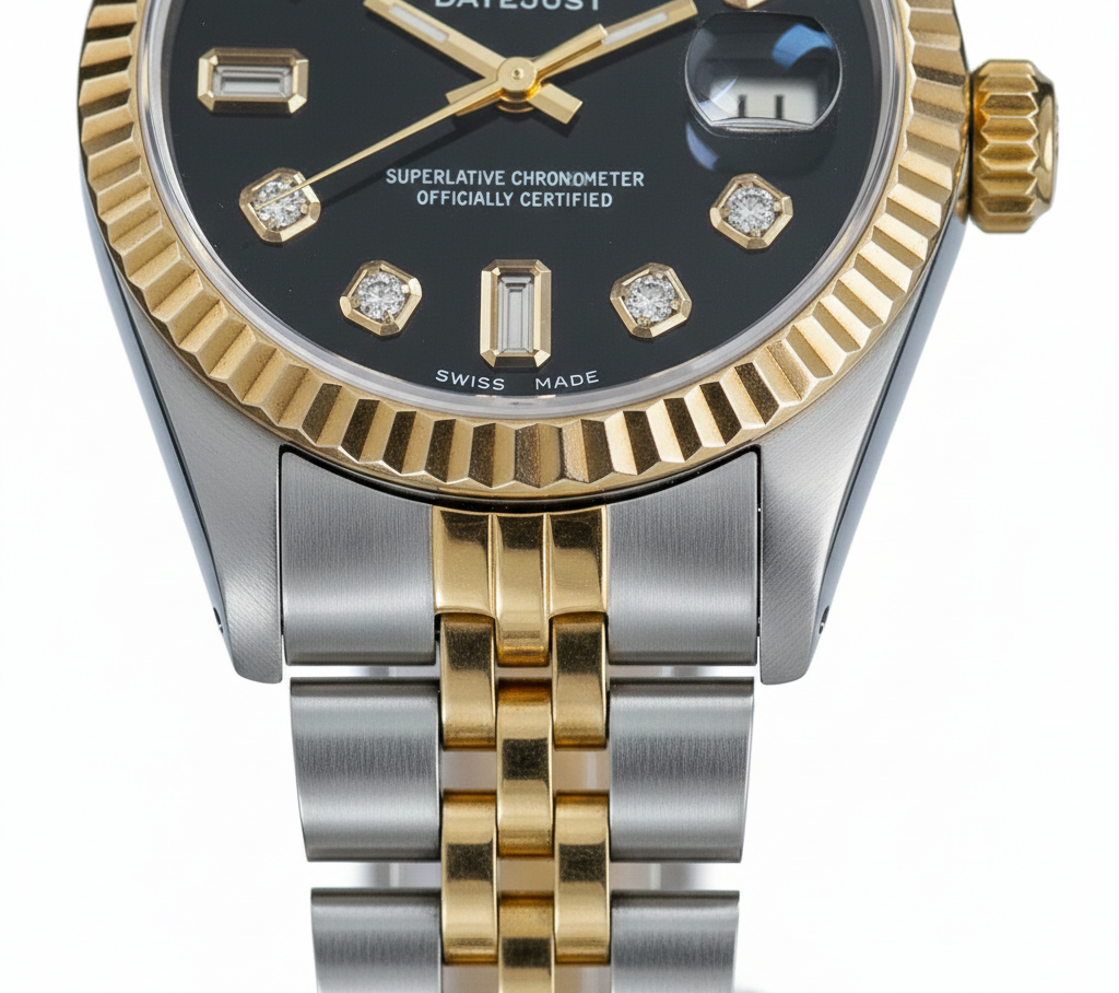 Fluted Bezel Rolex Ss & Gold Baguette Diamond Dial Datejust Watch
