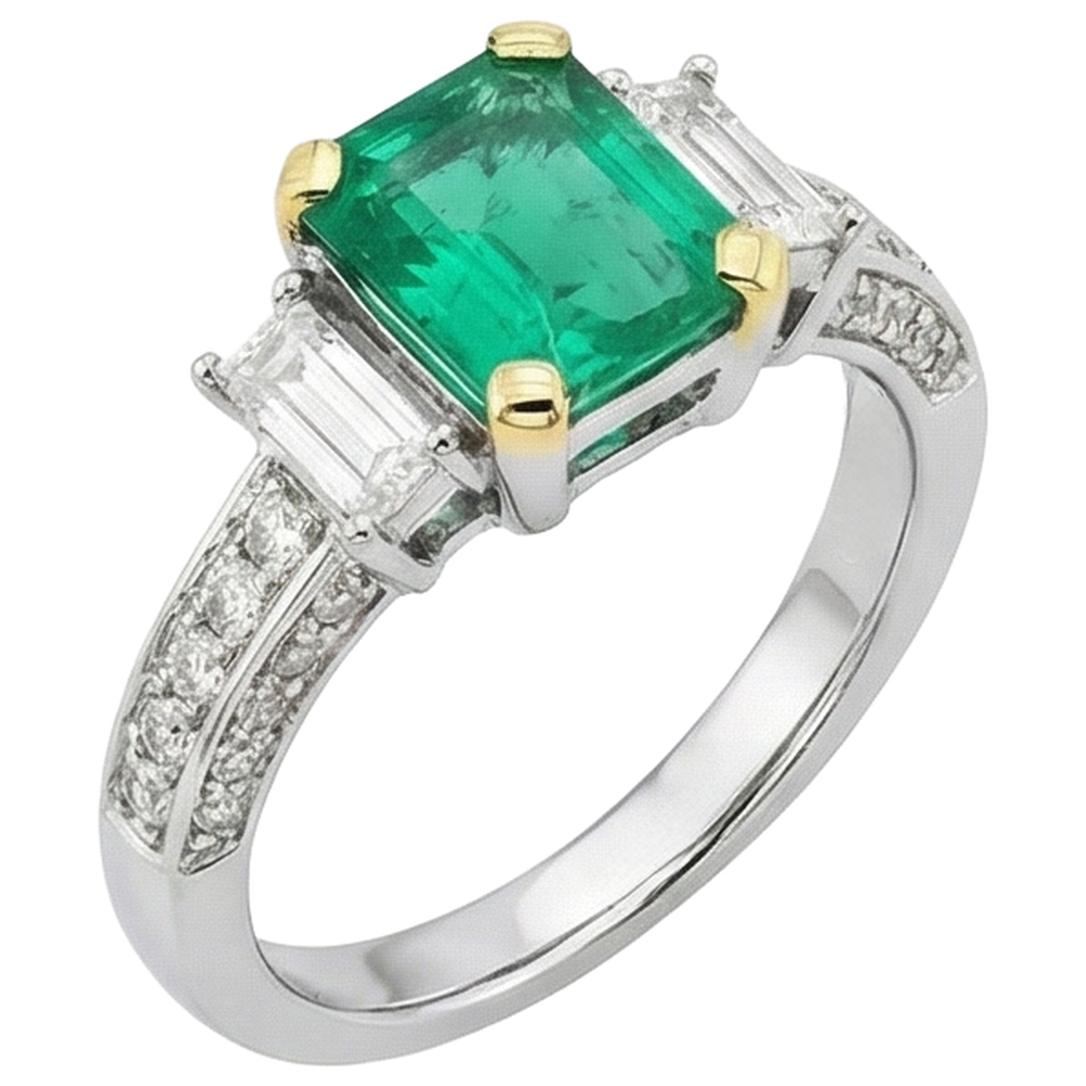 Authentic Fine Emerald Gemstone Ring 2 ct 14K Two Tone Gold – side view