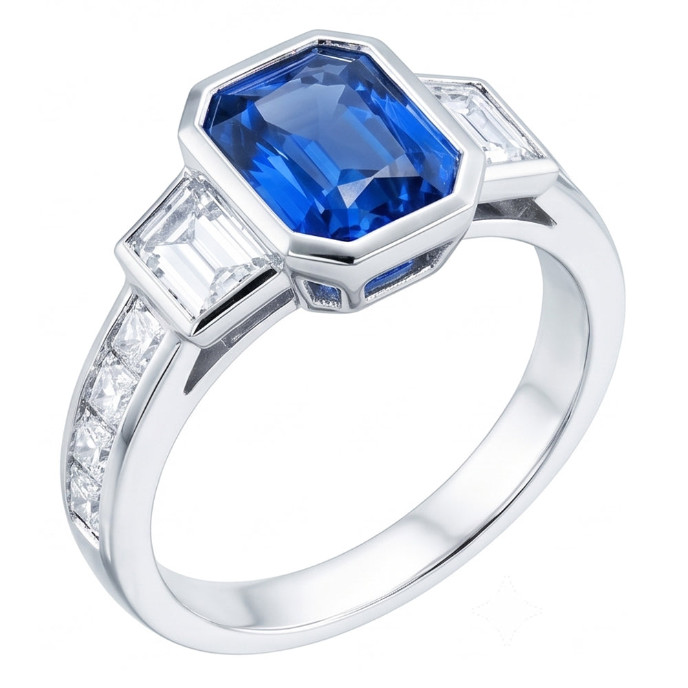 Gemstone Bezel Set Radiant Sapphire Ring Natural Earth Mined Diamond ( Not Lab Grown ) Jewelry 2....