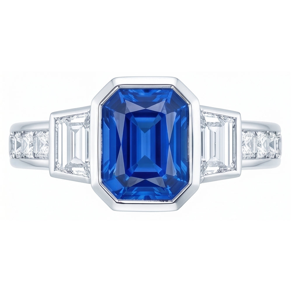Gemstone Bezel Set Radiant Sapphire Ring Natural Earth Mined Diamond ( Not Lab Grown ) Jewelry 2....
