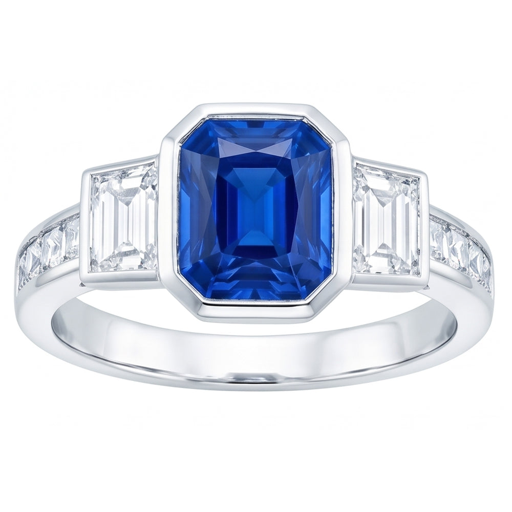 Gemstone Bezel Set Radiant Sapphire Ring Natural Earth Mined Diamond ( Not Lab Grown ) Jewelry 2....