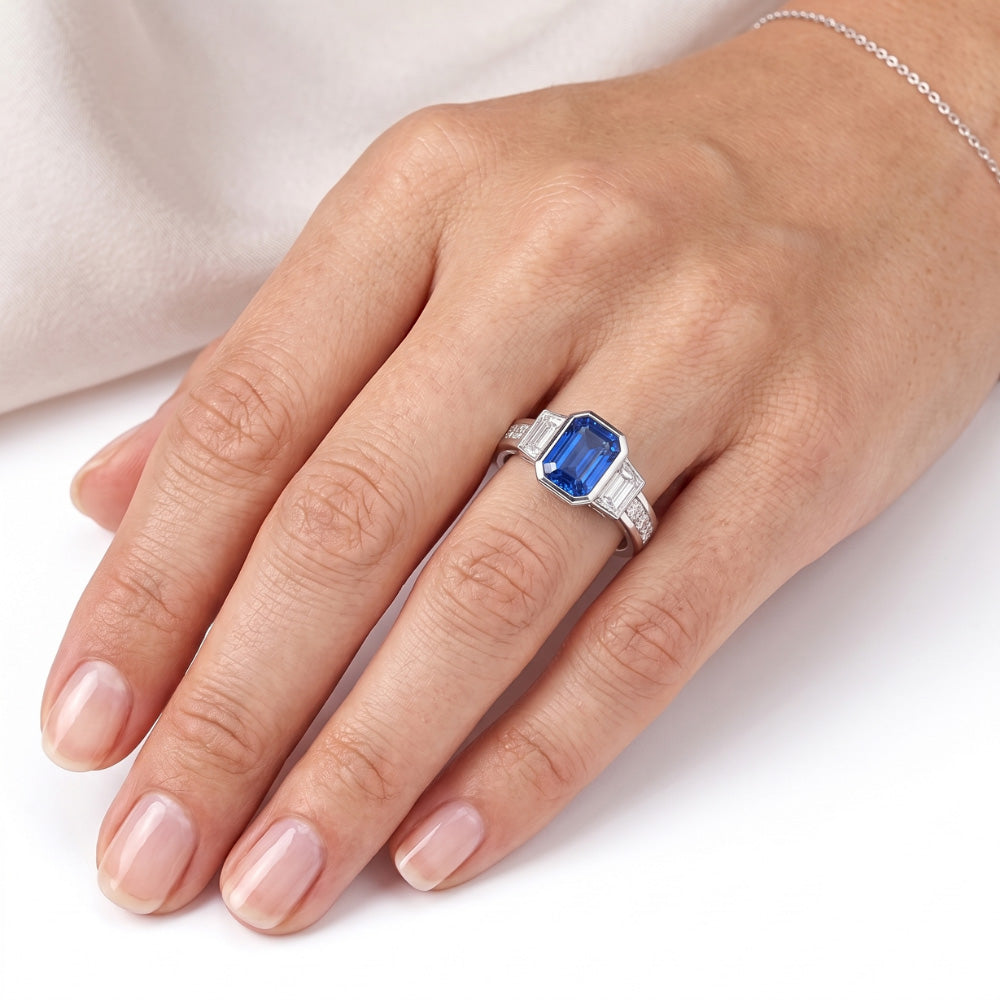 Gemstone Bezel Set Radiant Sapphire Ring Natural Earth Mined Diamond ( Not Lab Grown ) Jewelry 2....