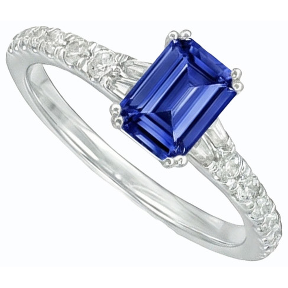 Gemstone Blue Sapphire Ring Baguette & Round Accents 3.50 Carats