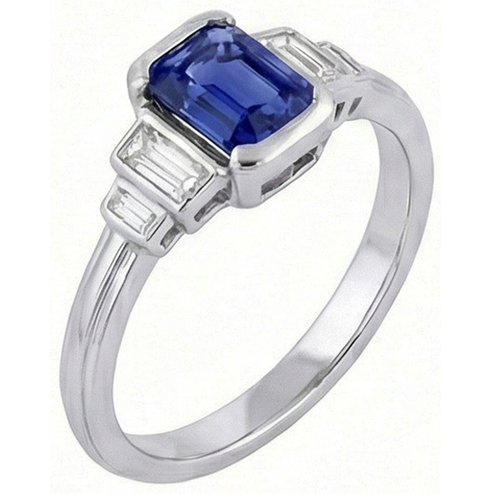 Gemstone Emerald Blue Sapphire Ring 5 Stone Baguette Natural Earth Mined Diamond ( Not Lab Grown )s 2 Carats