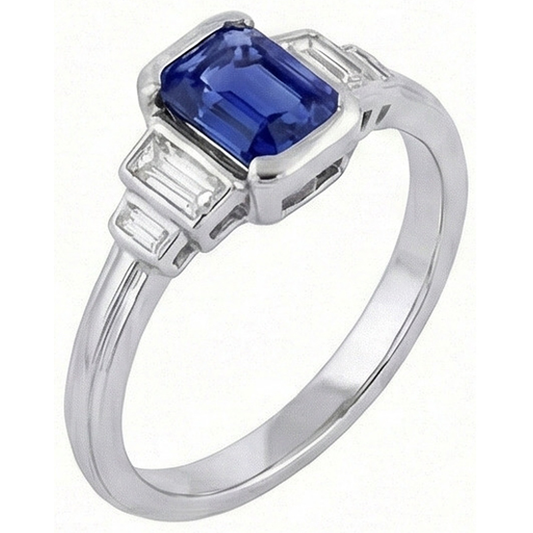 Gemstone Emerald Blue Sapphire Ring 5 Stone Baguette Natural Earth Mined Diamond ( Not Lab Grown )s 2 Carats