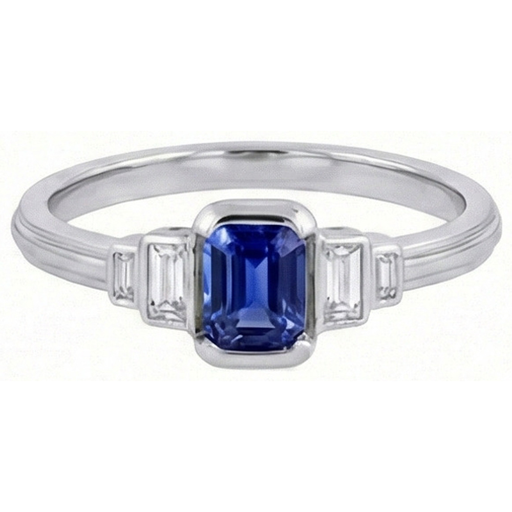 Gemstone Emerald Blue Sapphire Ring 5 Stone Baguette Natural Earth Mined Diamond ( Not Lab Grown )s 2 Carats
