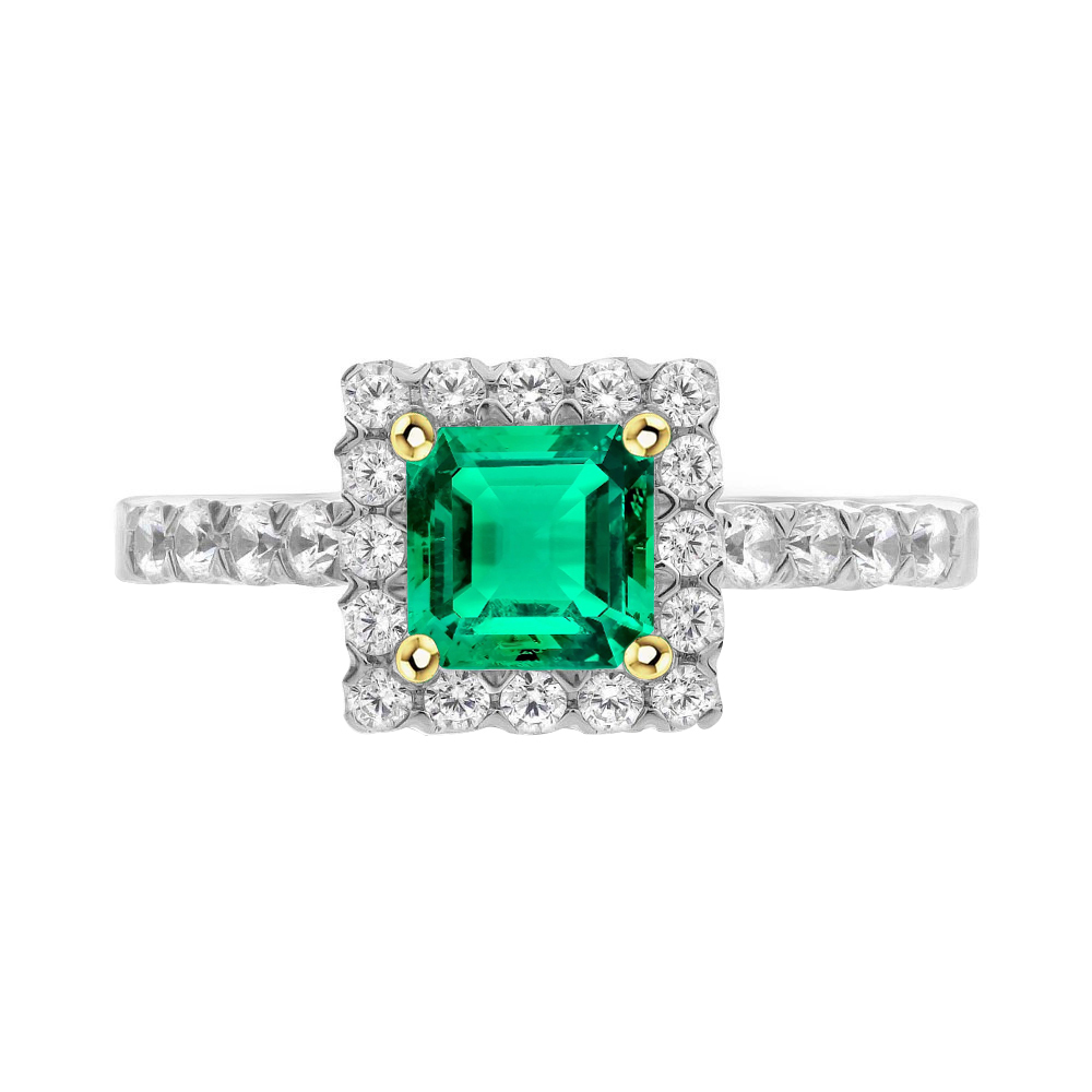 Colombian Emerald Step Cut Precious Stone Ring in 14K Two Tone Gold – main view