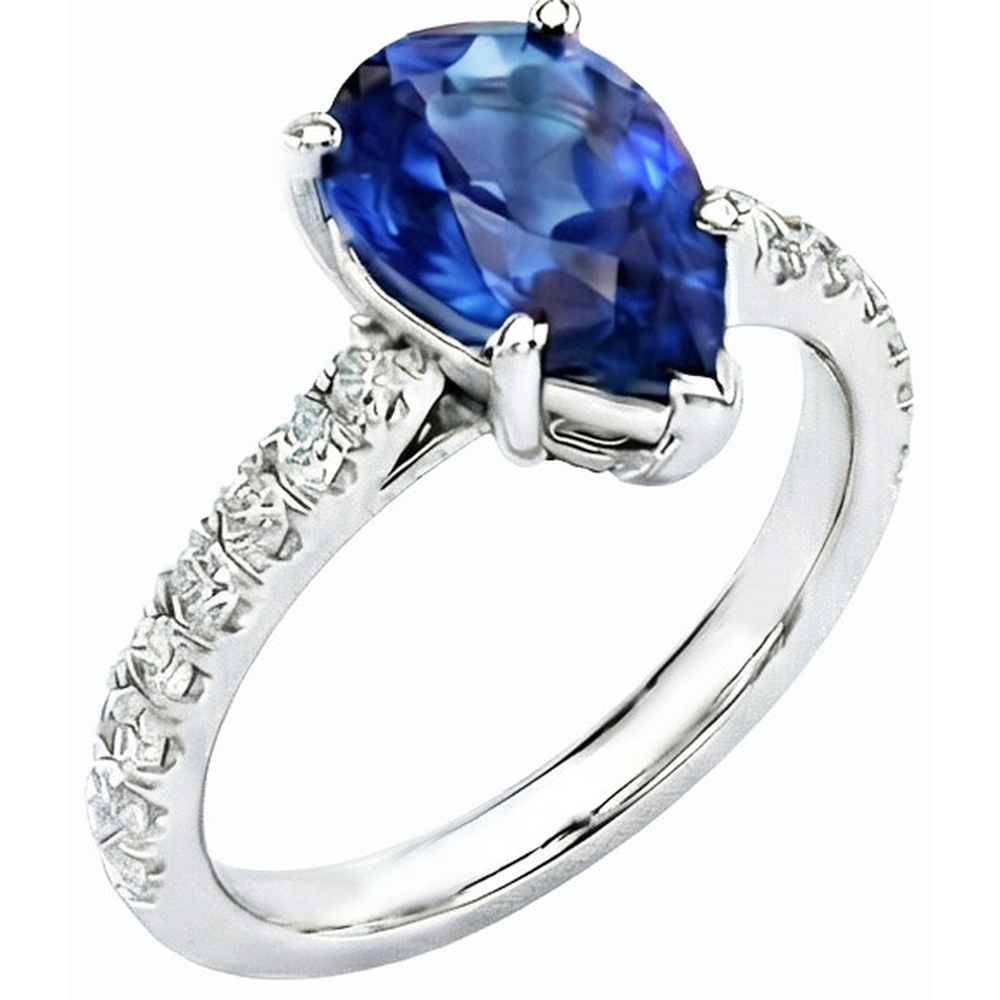 Gemstone Engagement Ring Pear Ceylon Sapphire Pave Set 3.50 Carats