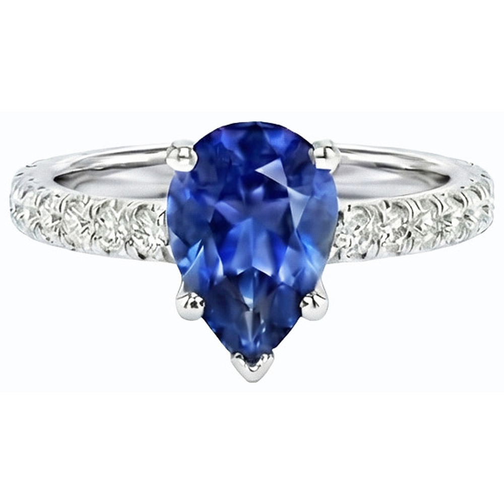 Gemstone Engagement Ring Pear Ceylon Sapphire Pave Set 3.50 Carats