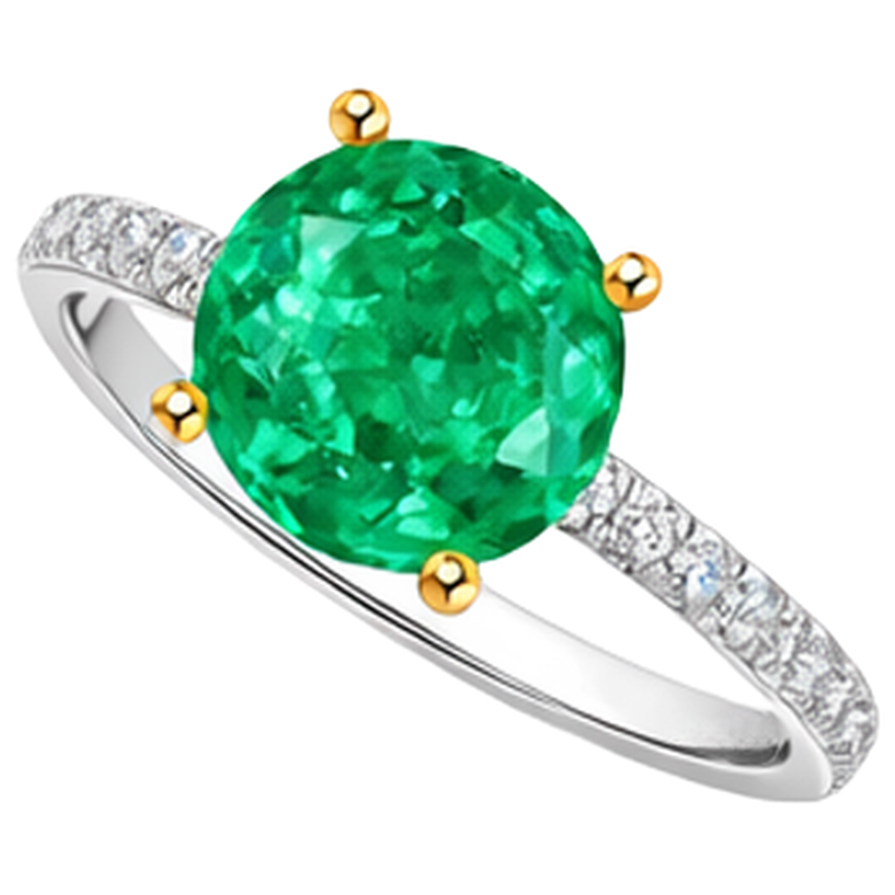 Colombian Emerald Round Brilliant Gemstone Ring in 14K Two Tone Gold – side view