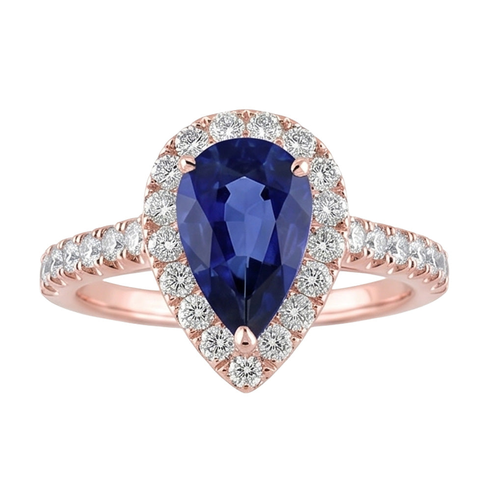 Gemstone Halo Pave Set Natural Earth Mined Diamond ( Not Lab Grown ) Ring Pear Ceylon Sapphire 5.50 Carats