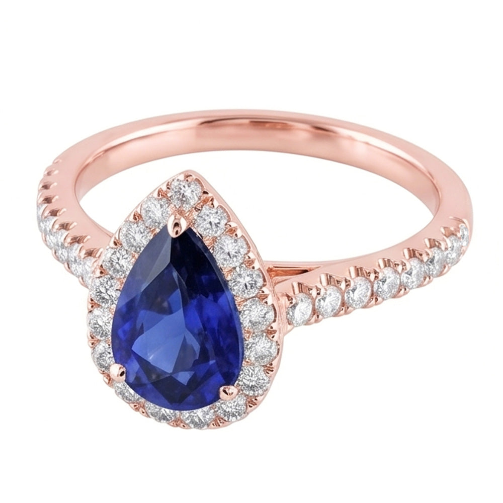 Gemstone Halo Pave Set Natural Earth Mined Diamond ( Not Lab Grown ) Ring Pear Ceylon Sapphire 5.50 Carats