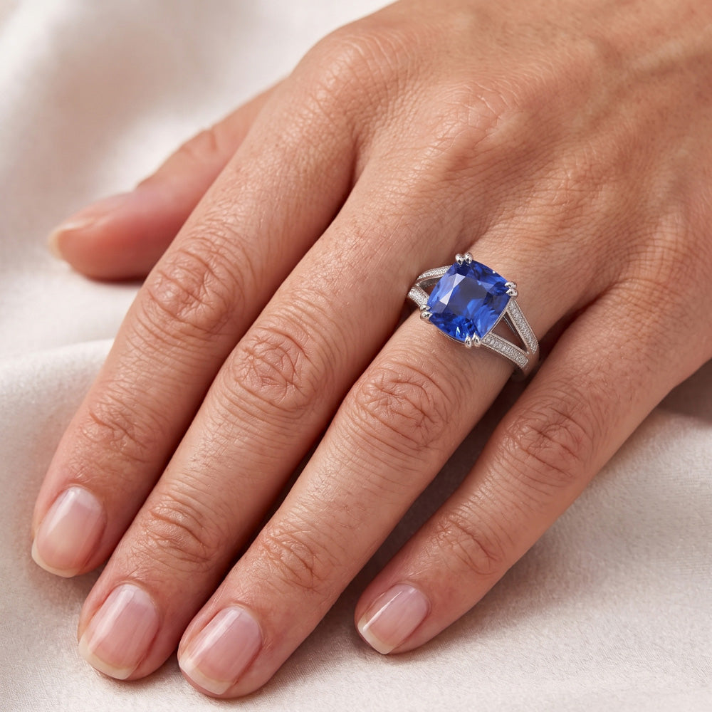Gemstone Jewelry Cushion Sapphire Ring 4 Carats Split Shank Jewelry
