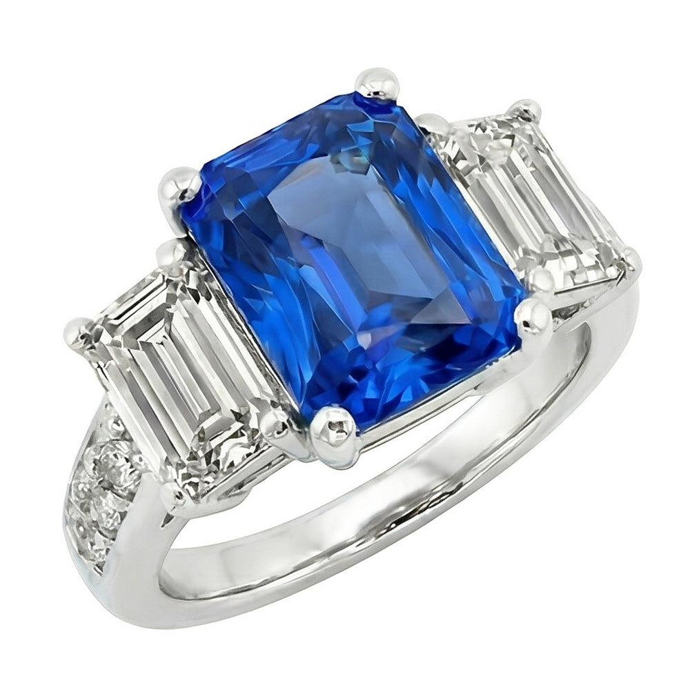 Gemstone Radiant Sapphire Ring 4.50 Carats Emerald & Round Natural Earth Mined Diamond ( Not Lab Grown )s