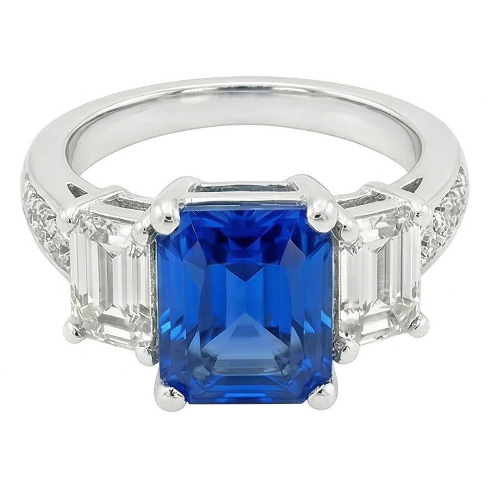 Gemstone Radiant Sapphire Ring 4.50 Carats Emerald & Round Natural Earth Mined Diamond ( Not Lab Grown )s