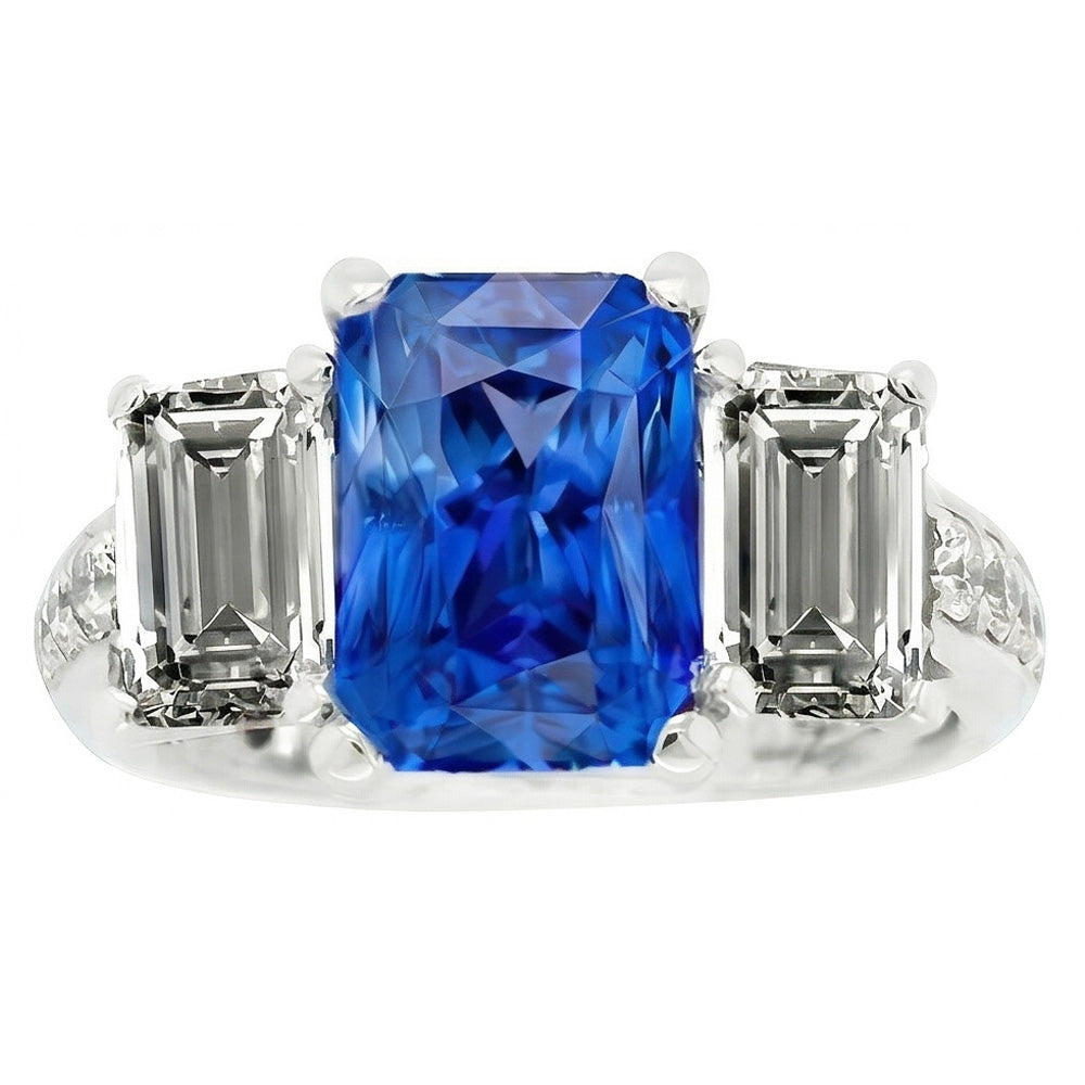 Gemstone Radiant Sapphire Ring 4.50 Carats Emerald & Round Natural Earth Mined Diamond ( Not Lab Grown )s