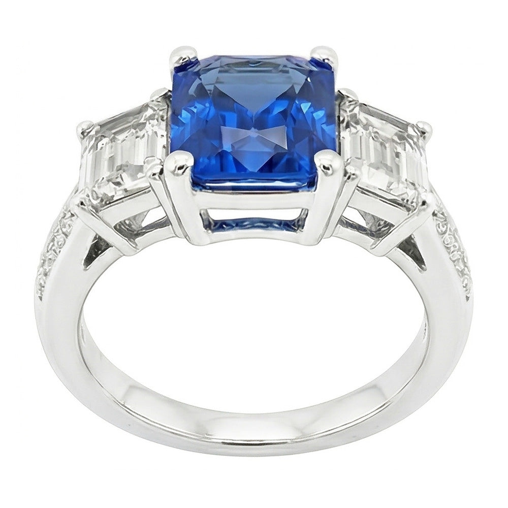 Gemstone Radiant Sapphire Ring 4.50 Carats Emerald & Round Natural Earth Mined Diamond ( Not Lab Grown )s