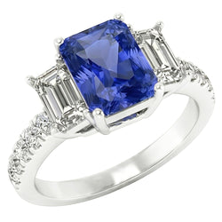 Gemstone Radiant Sapphire Ring Emerald & Round Natural Earth Mined Diamond ( Not Lab Grown )s 3 Carats