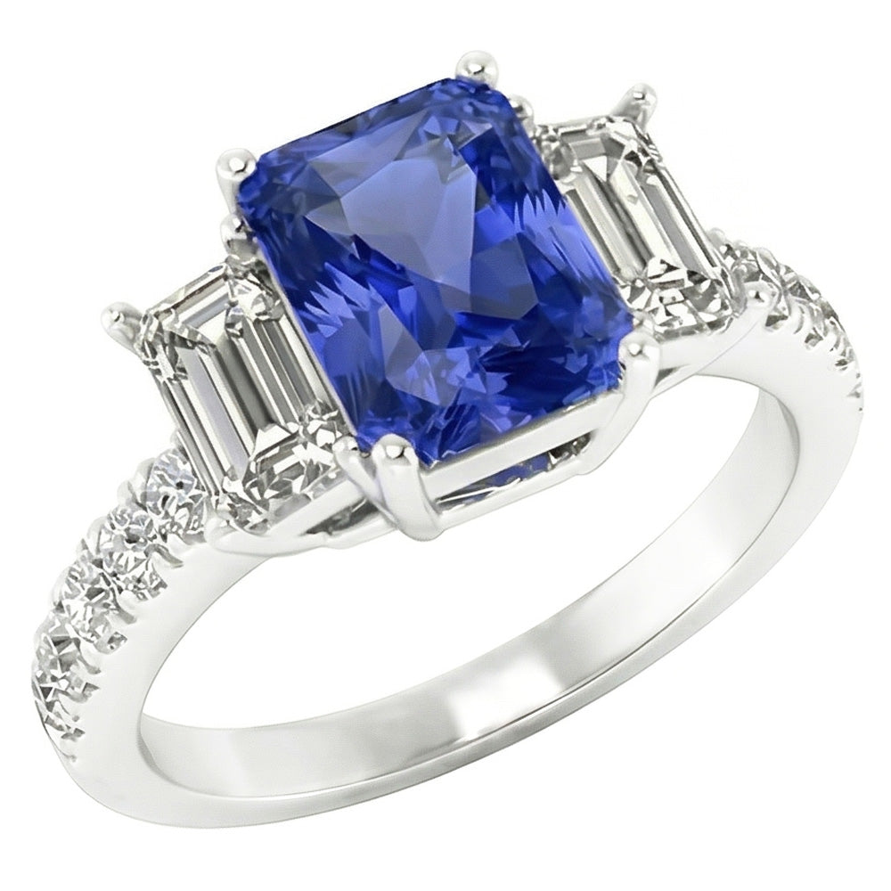 Gemstone Radiant Sapphire Ring Emerald & Round Natural Earth Mined Diamond ( Not Lab Grown )s 3 Carats
