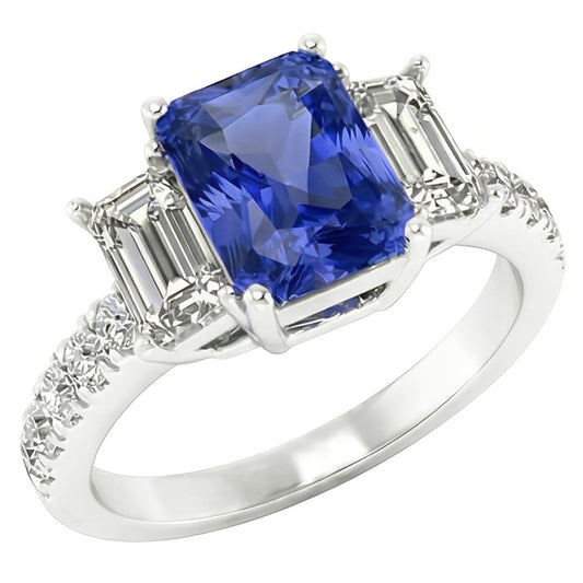 Gemstone Radiant Sapphire Ring Emerald & Round Natural Earth Mined Diamond ( Not Lab Grown )s 3 Carats