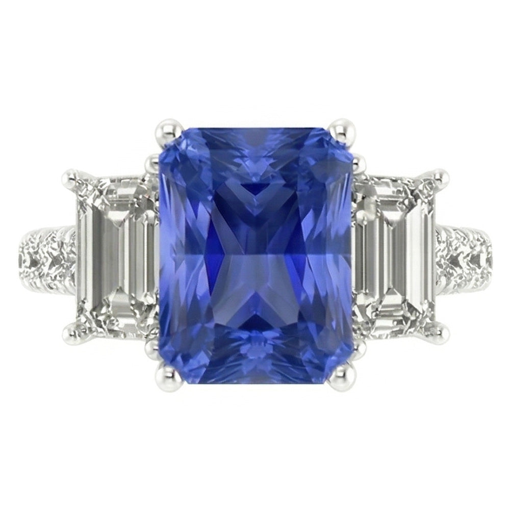 Gemstone Radiant Sapphire Ring Emerald & Round Natural Earth Mined Diamond ( Not Lab Grown )s 3 Carats