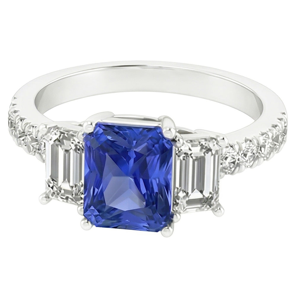 Gemstone Radiant Sapphire Ring Emerald & Round Natural Earth Mined Diamond ( Not Lab Grown )s 3 Carats