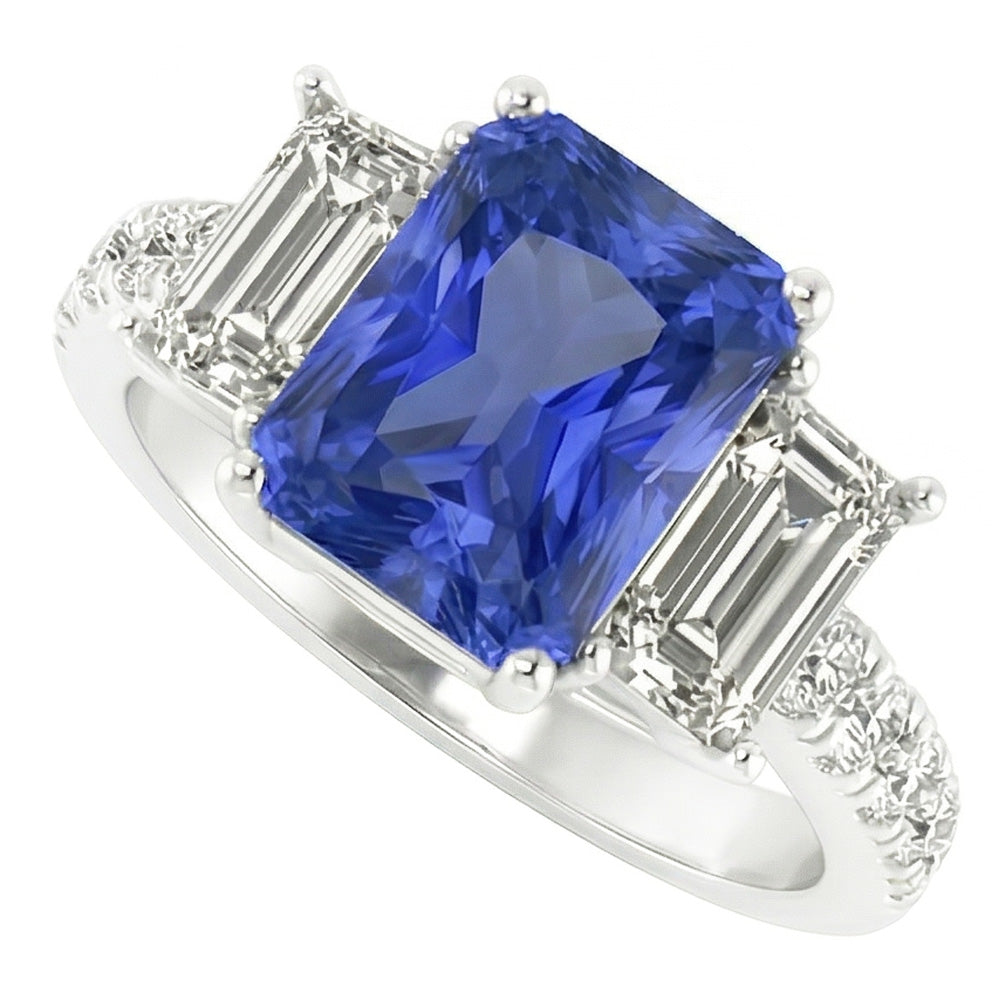 Gemstone Radiant Sapphire Ring Emerald & Round Natural Earth Mined Diamond ( Not Lab Grown )s 3 Carats