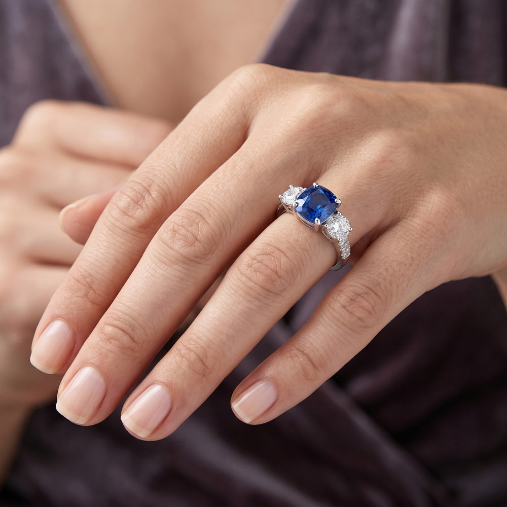 Gemstone Ring Cushion Sapphire Trellis Setting Natural Earth Mined Diamond ( Not Lab Grown )s 3.50 Carats