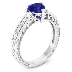 Gemstone Ring Heart Blue Sapphire Jewelry Milgrain Shank 2 Carats