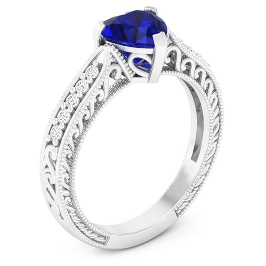 Gemstone Ring Heart Blue Sapphire Jewelry Milgrain Shank 2 Carats