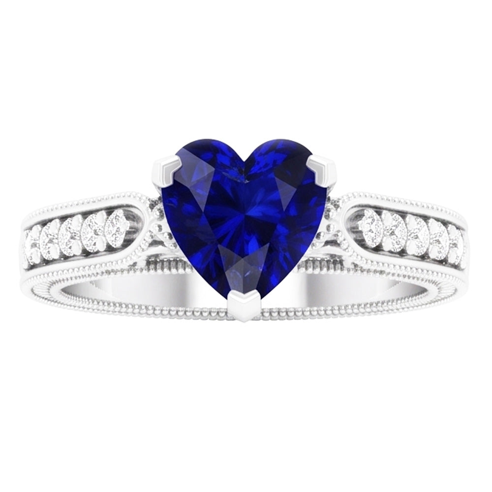 Gemstone Ring Heart Blue Sapphire Jewelry Milgrain Shank 2 Carats