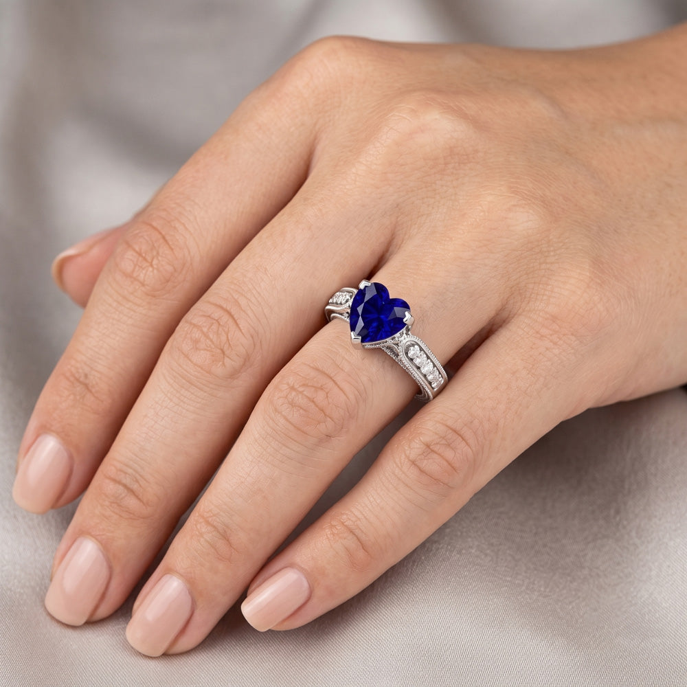 Gemstone Ring Heart Blue Sapphire Jewelry Milgrain Shank 2 Carats