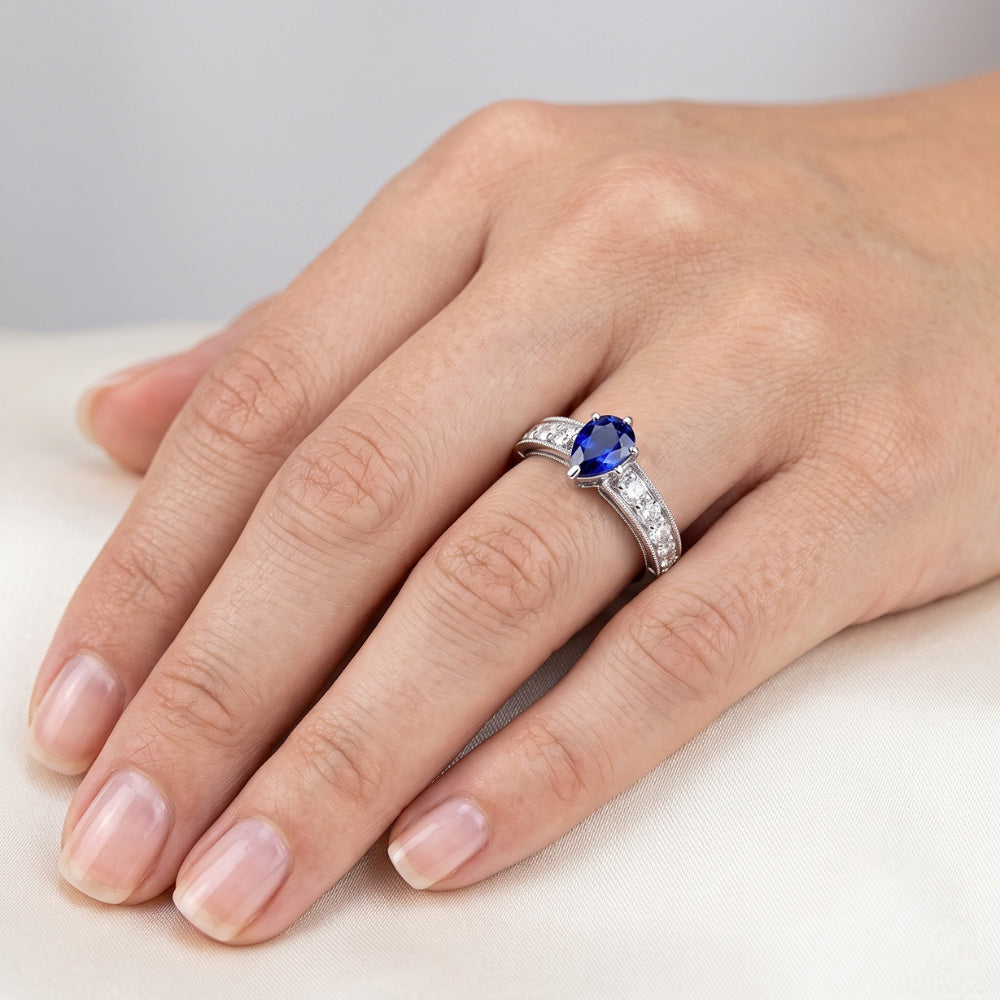 Gemstone Ring Pear Ceylon Sapphire Channel Set Natural Earth Mined Diamond ( Not Lab Grown )s 3 Carats