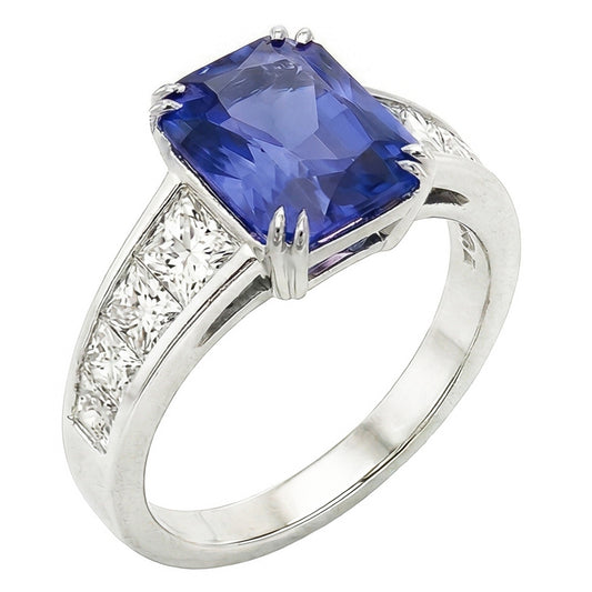 Gemstone Ring Radiant Sapphire Channel Set Trapezoid Natural Earth Mined Diamond ( Not Lab Grown )s 5 carats