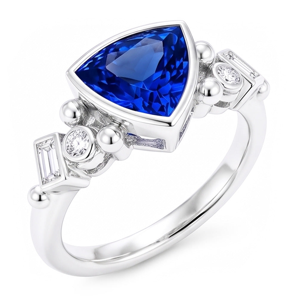Gemstone Trillion Bezel Set Blue Sapphire Ring 2 Carats Baguette Natural Earth Mined Diamond ( Not Lab Grown )s