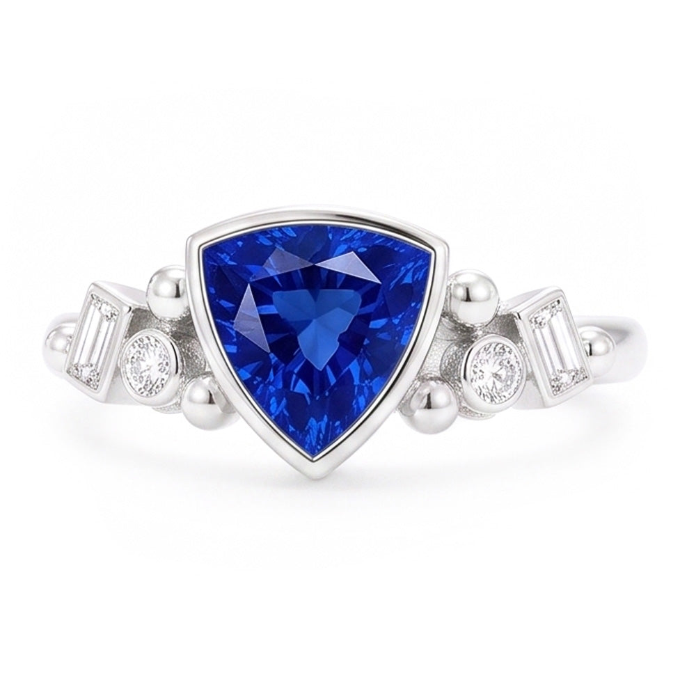 Gemstone Trillion Bezel Set Blue Sapphire Ring 2 Carats Baguette Natural Earth Mined Diamond ( Not Lab Grown )s