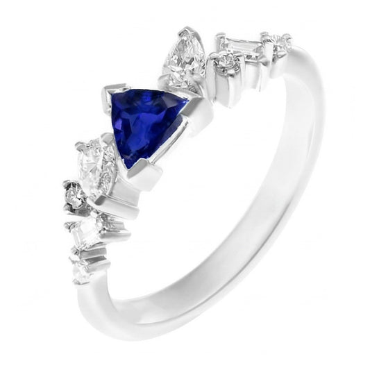 Gemstone Trillion V Prong Blue Sapphire & Natural Earth Mined Diamond ( Not Lab Grown ) Ring 1 Carat